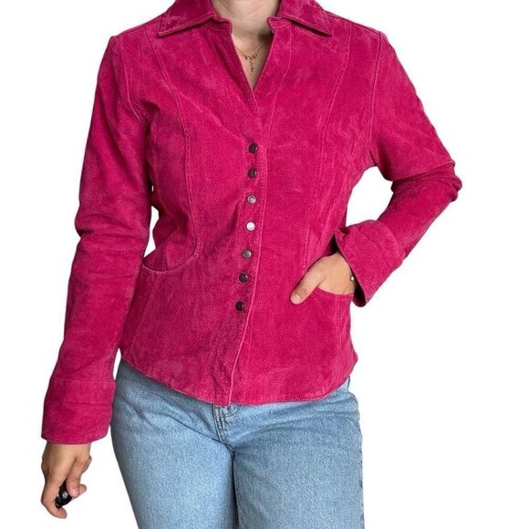 Christopher & Banks Pink Leather Jacket Size Medium Snap Closure Collared Trendy - Picture 2 of 10